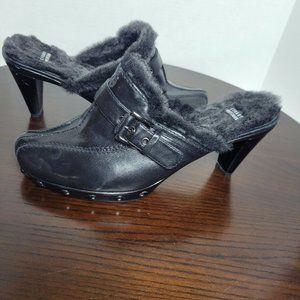 Stuart Weitzman Black Leather Size 9 Moto Studded Lined Heels Mules Womens